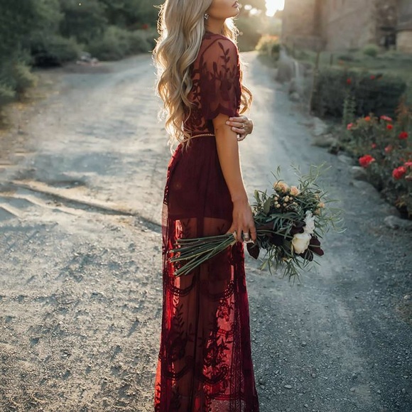 Lace Maxi Romper in Burgundy - Picture 5 of 7